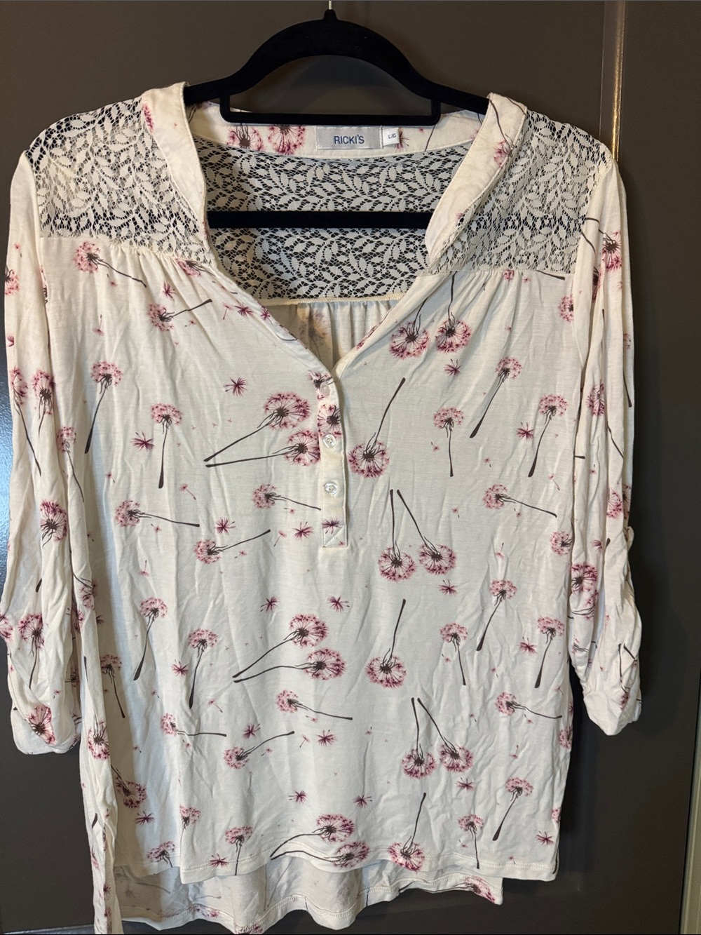 Ricki's Cream Henley Top with Pink Dandelion Print and Lace Yoke